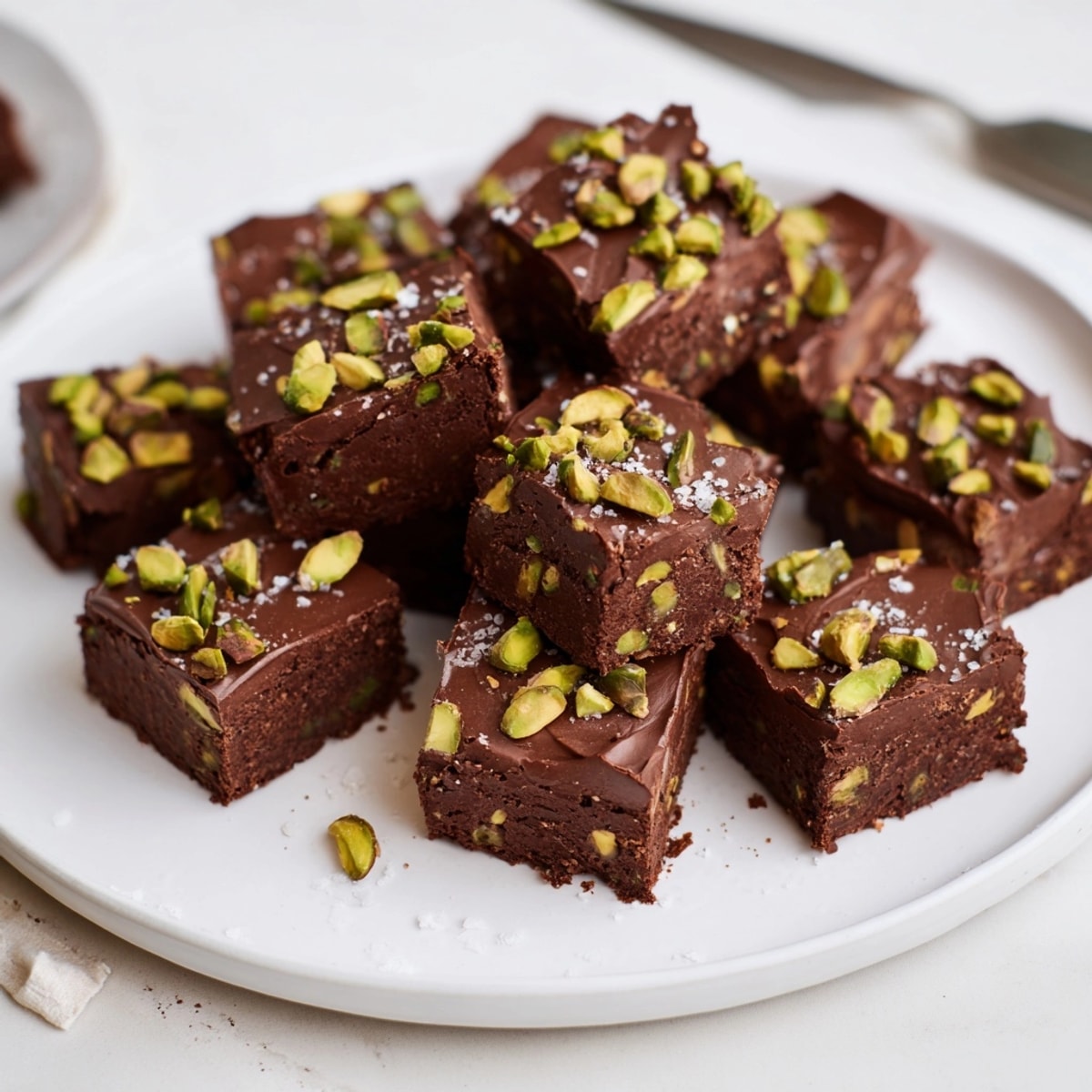 Homemade Dubai Chocolate Pistachio Brownies: rich, dark squares with golden pistachios, ready to cut!