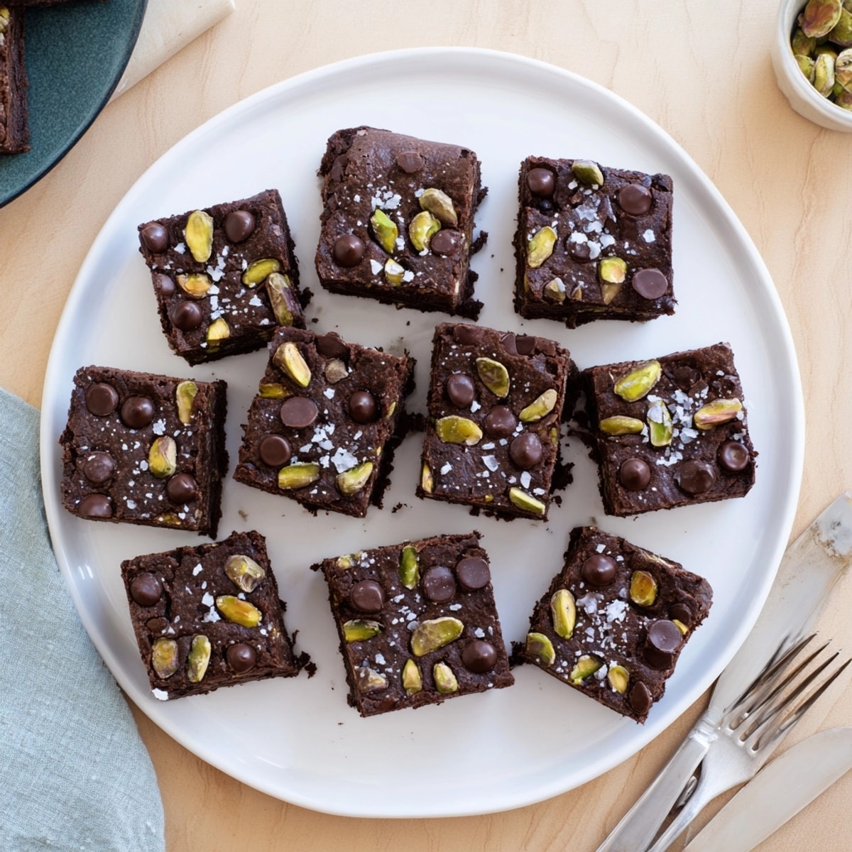 Top-down view of baked Dubai Chocolate Pistachio Brownies sprinkled with salt; serve with tahini.
