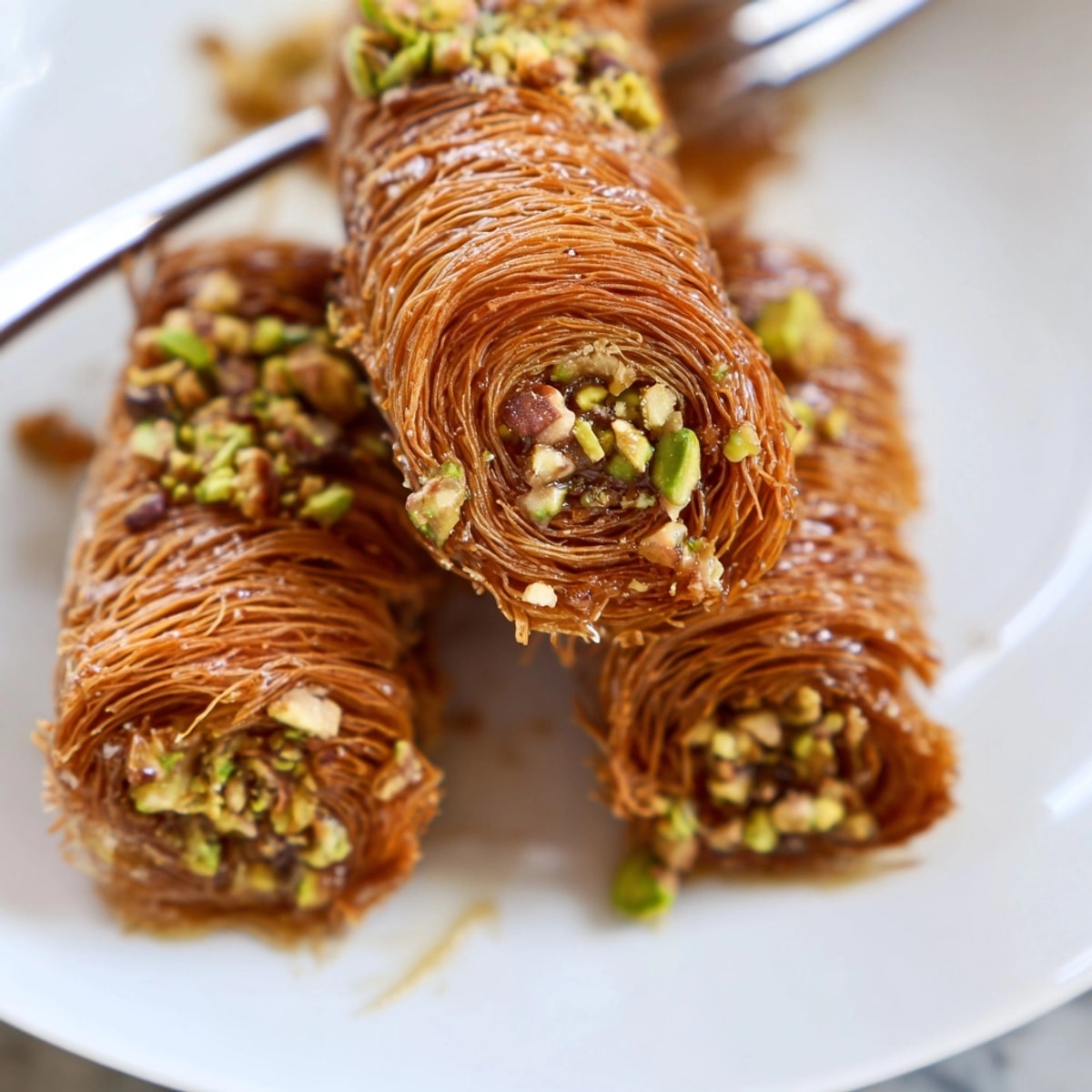 Golden brown Baked Kataifi Shredded Filo, glistening with syrup, a rich Greek dessert.