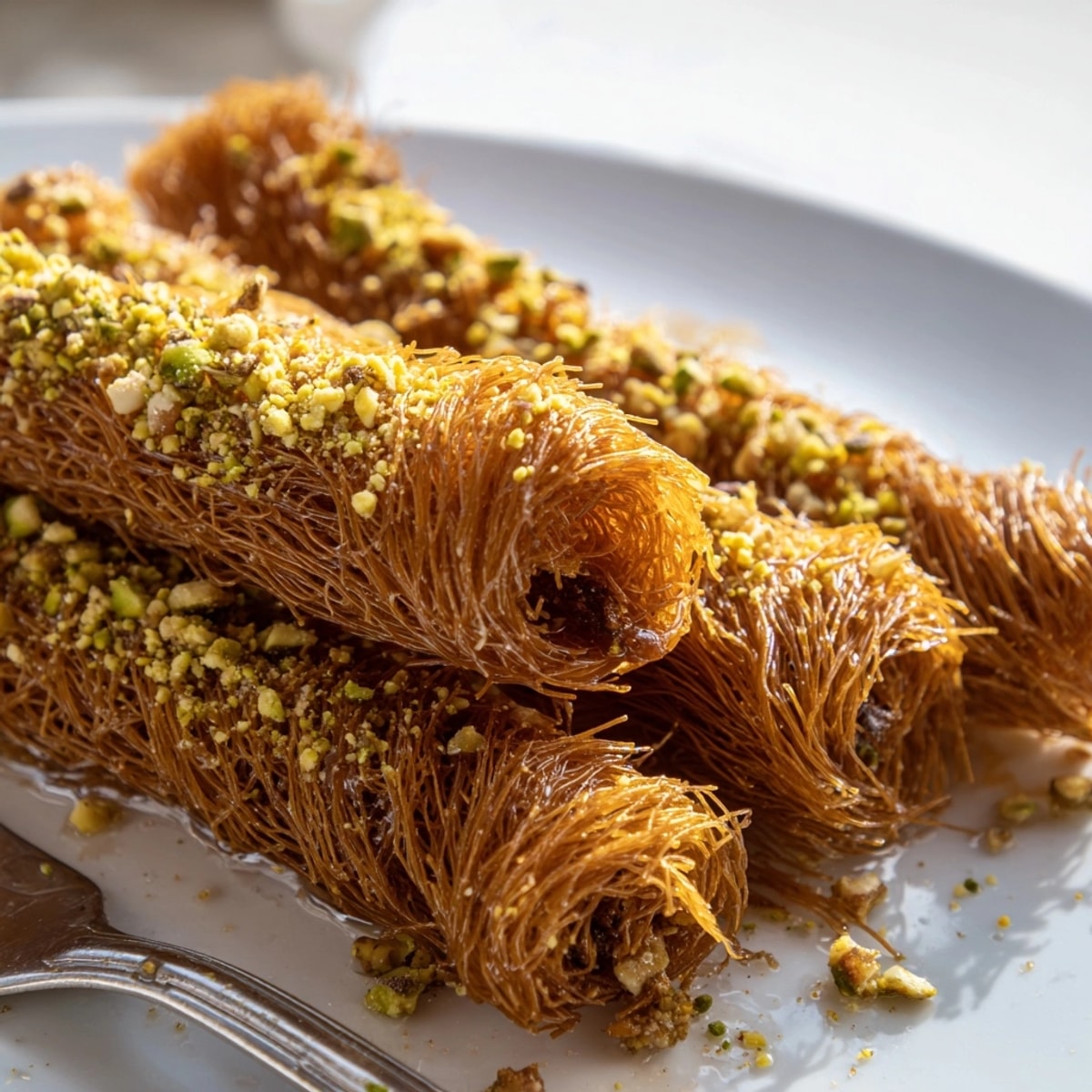 Close-up of crispy Baked Kataifi Shredded Filo, layered with nuts, ready for dessert.