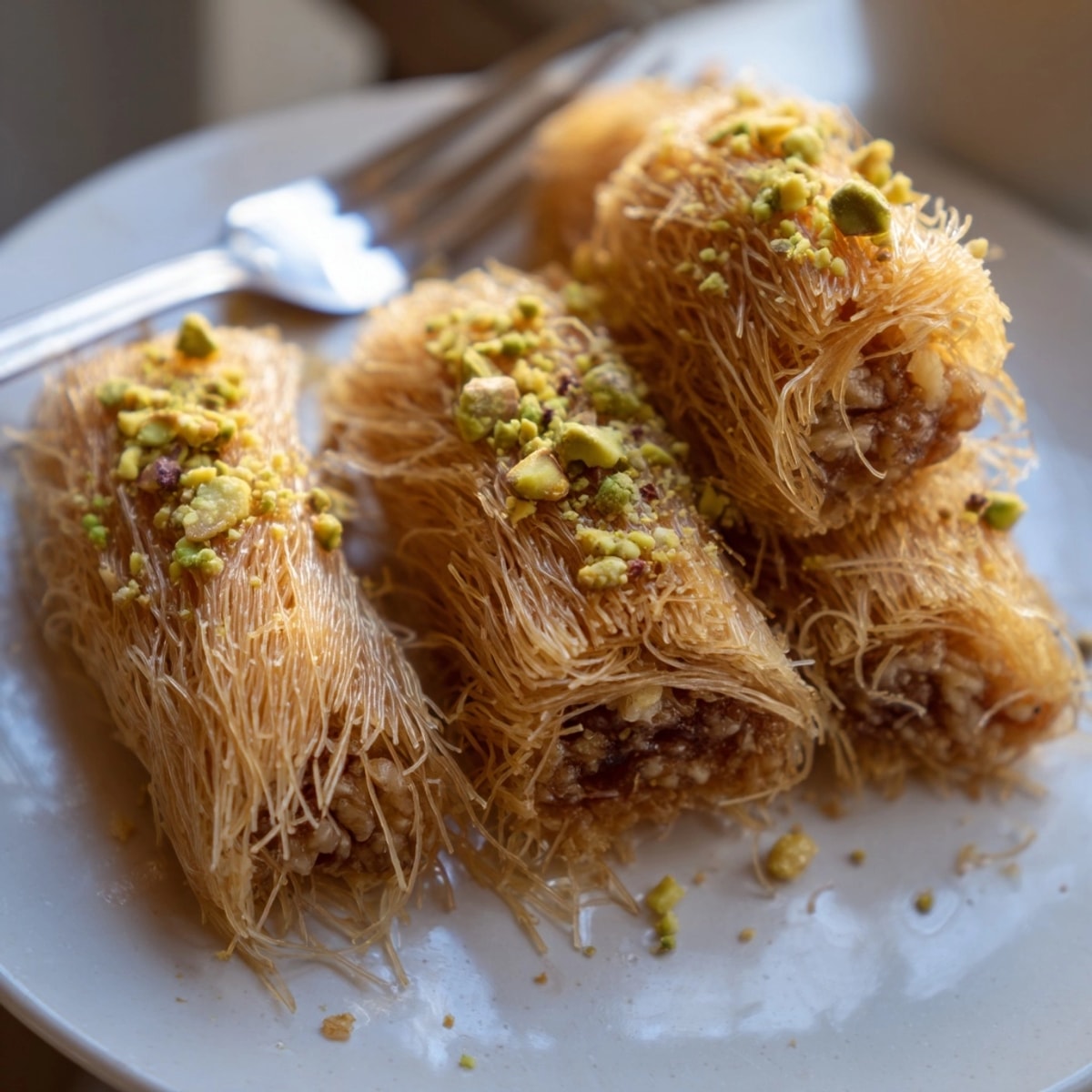 Warm, buttery Baked Kataifi Shredded Filo soaking in honey syrup, served after dinner.