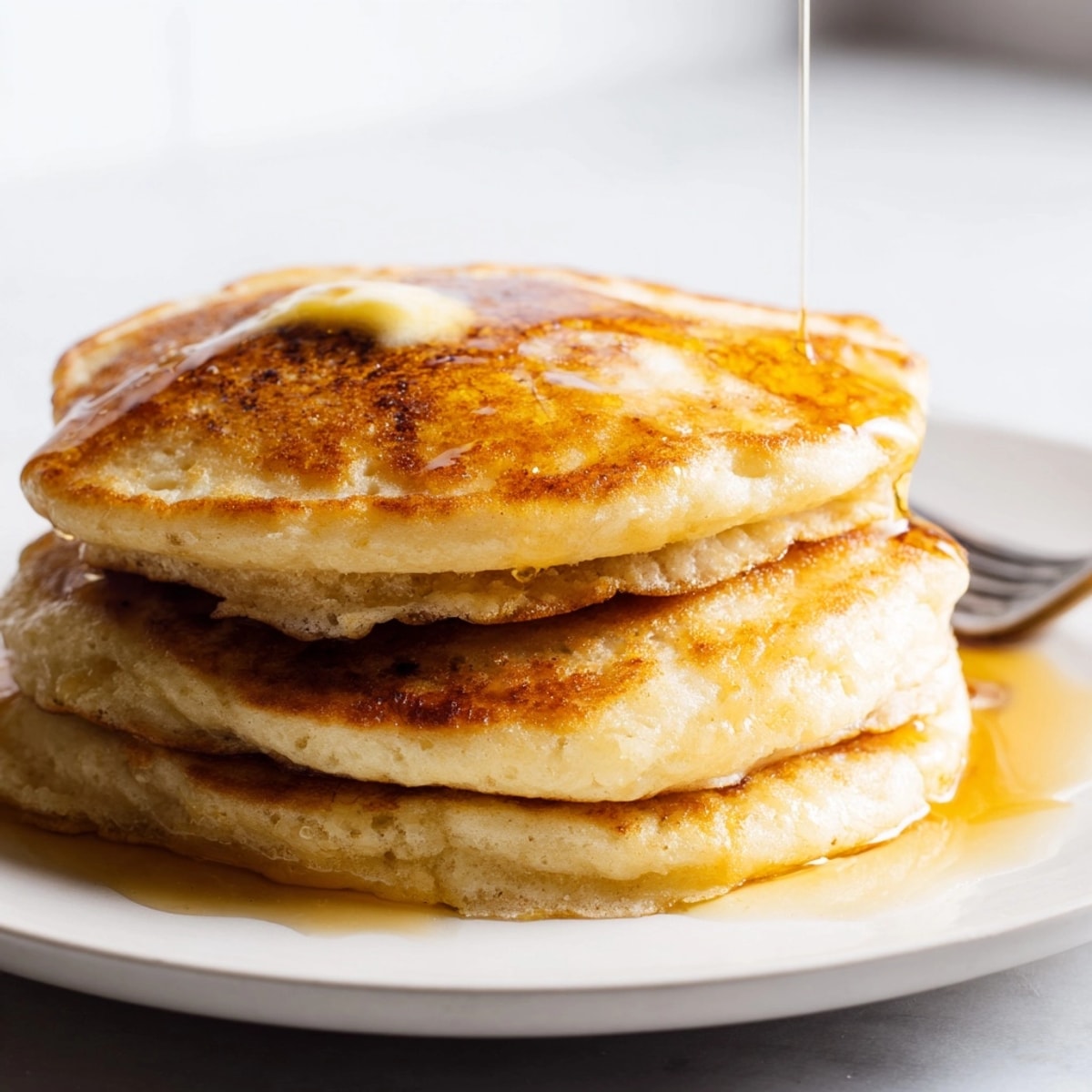 Golden Sourdough Pancakes with Overnight Batter on a plate, ready for maple syrup.