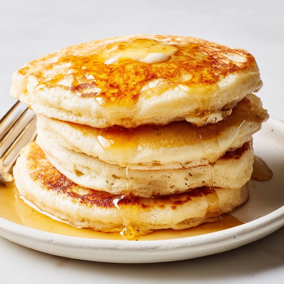 Stack of tangy, fluffy Sourdough Pancakes with Overnight Batter, glistening with melted butter.