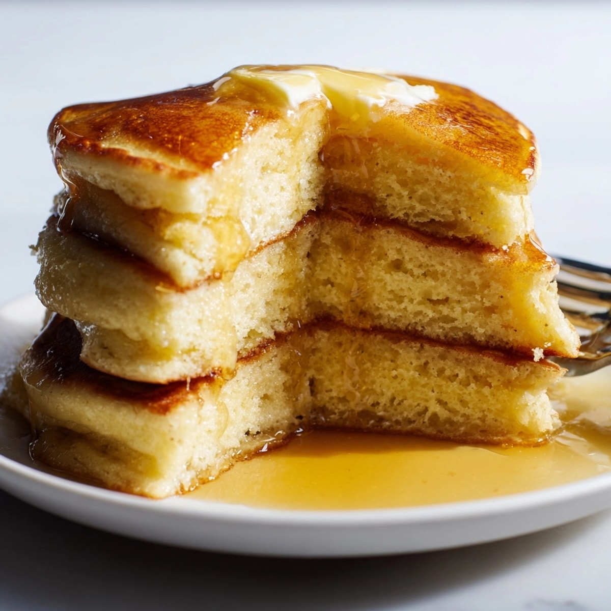 Close-up of bubbly batter cooking into golden brown Sourdough Pancakes with Overnight Batter.