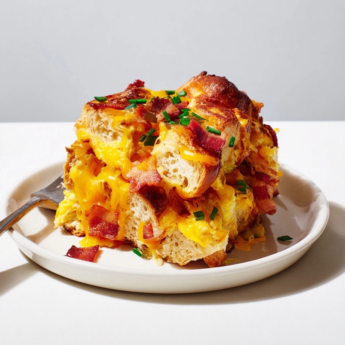 Golden Croissant Breakfast Casserole, bubbly from the oven, cheesy, savory, ready for brunch.