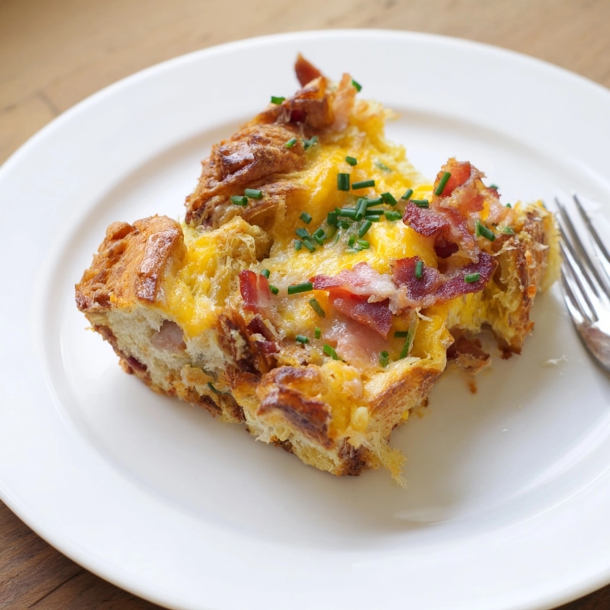 Close-up of a warm Croissant Breakfast Casserole slice showing flaky layers and melted cheese.