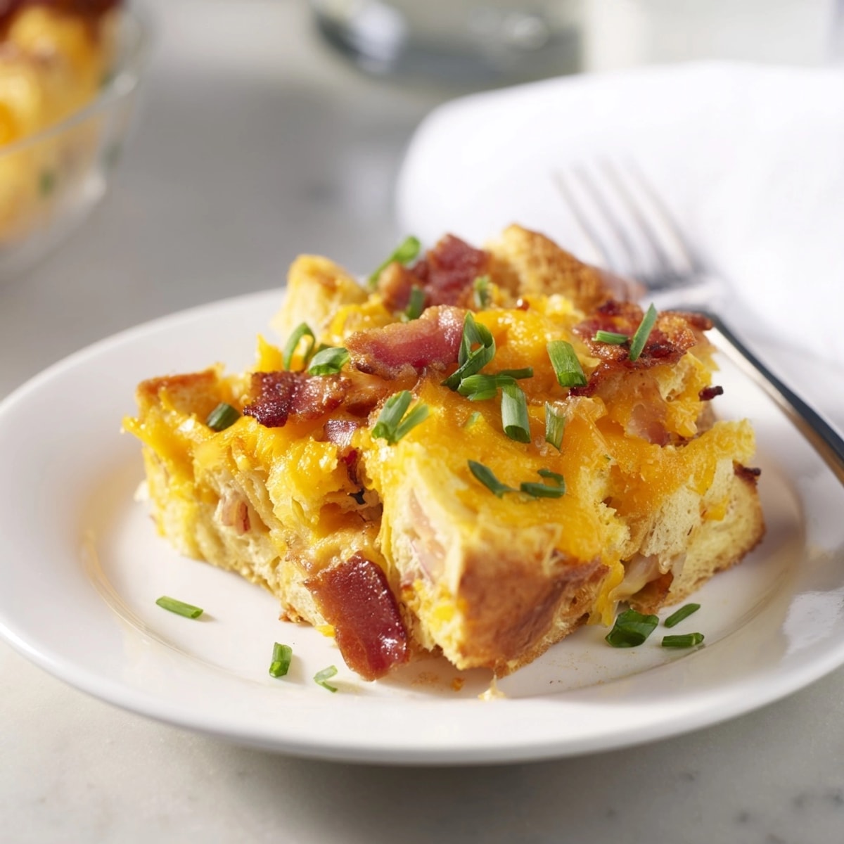 Fluffy Croissant Breakfast Casserole with bacon herbs plated for a comforting breakfast serving.