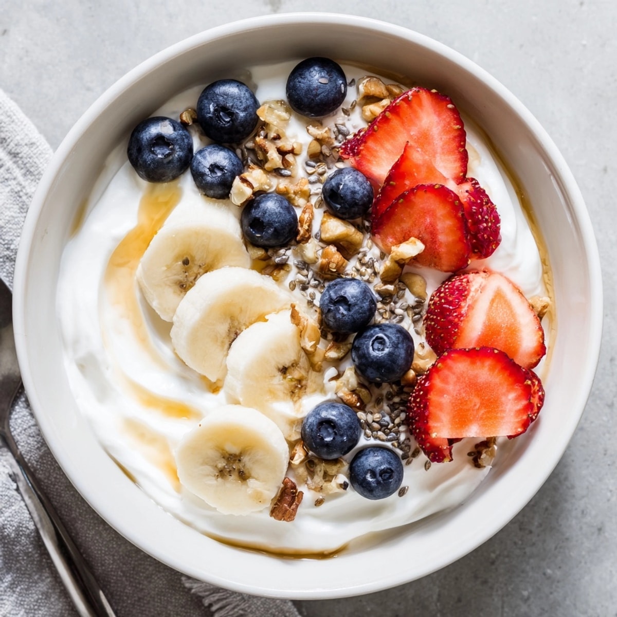 Creamy Cottage Cheese High Protein Bowl with juicy berries and crunchy walnuts on top.