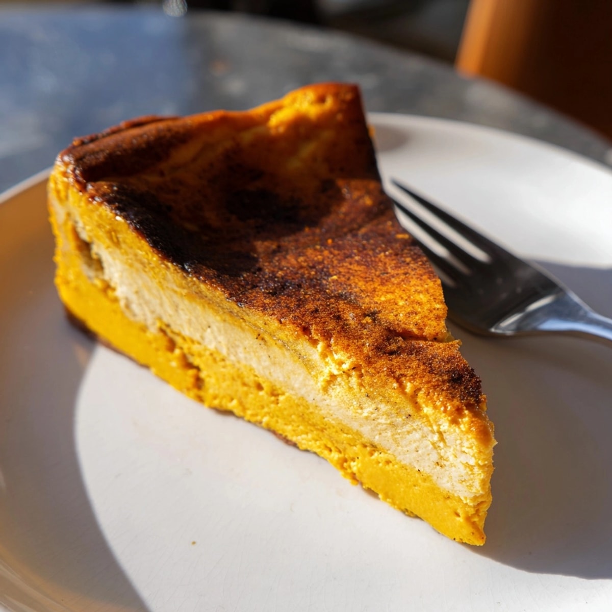 Golden brown Basque Pumpkin Cheesecake, served chilled, offers spiced autumnal flavors.