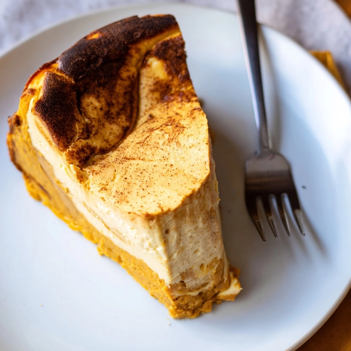 Close-up of rustic Basque Pumpkin Cheesecake, burnt top, showing a creamy texture.