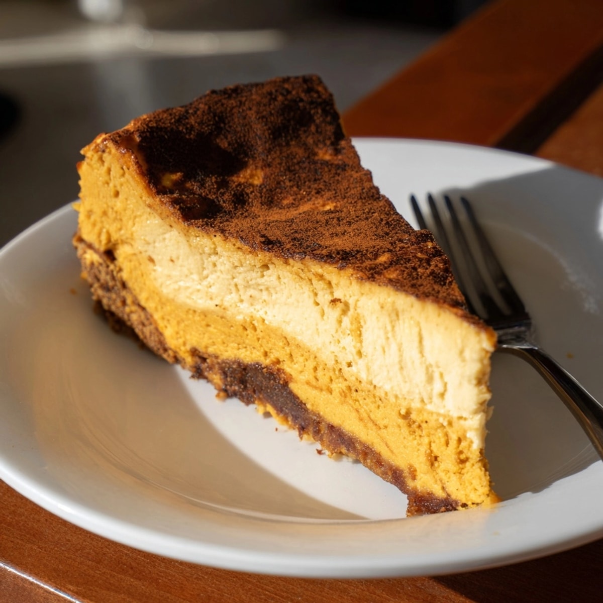 Slices of wobbly Basque Pumpkin Cheesecake, a spiced pumpkin twist on a classic.