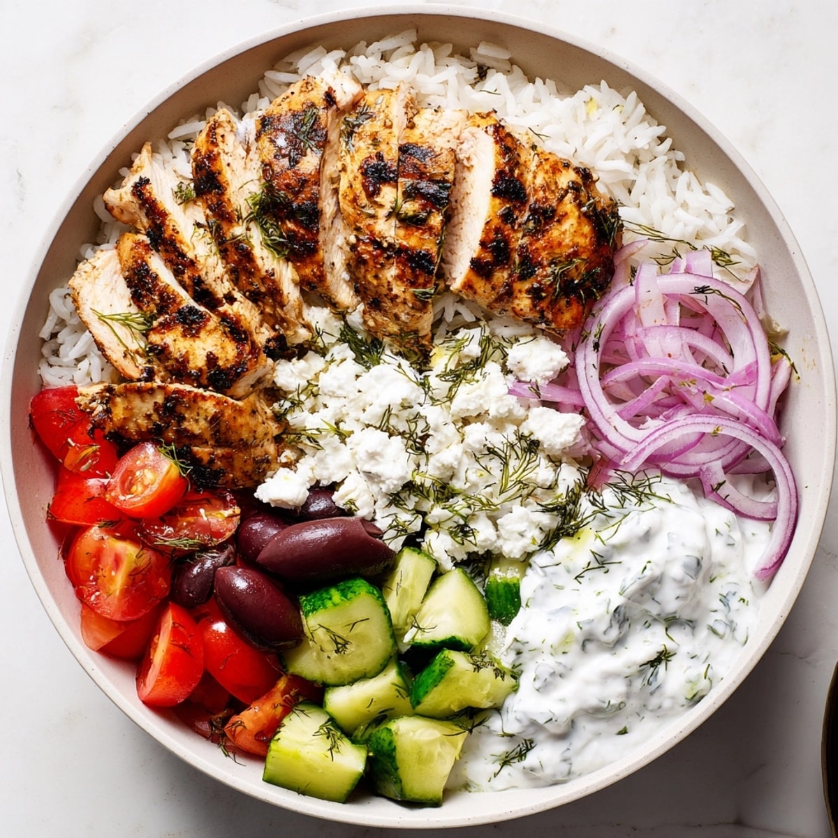 Mediterranean Chicken Bowl: Grilled chicken and fresh vegetables arranged over fluffy rice.