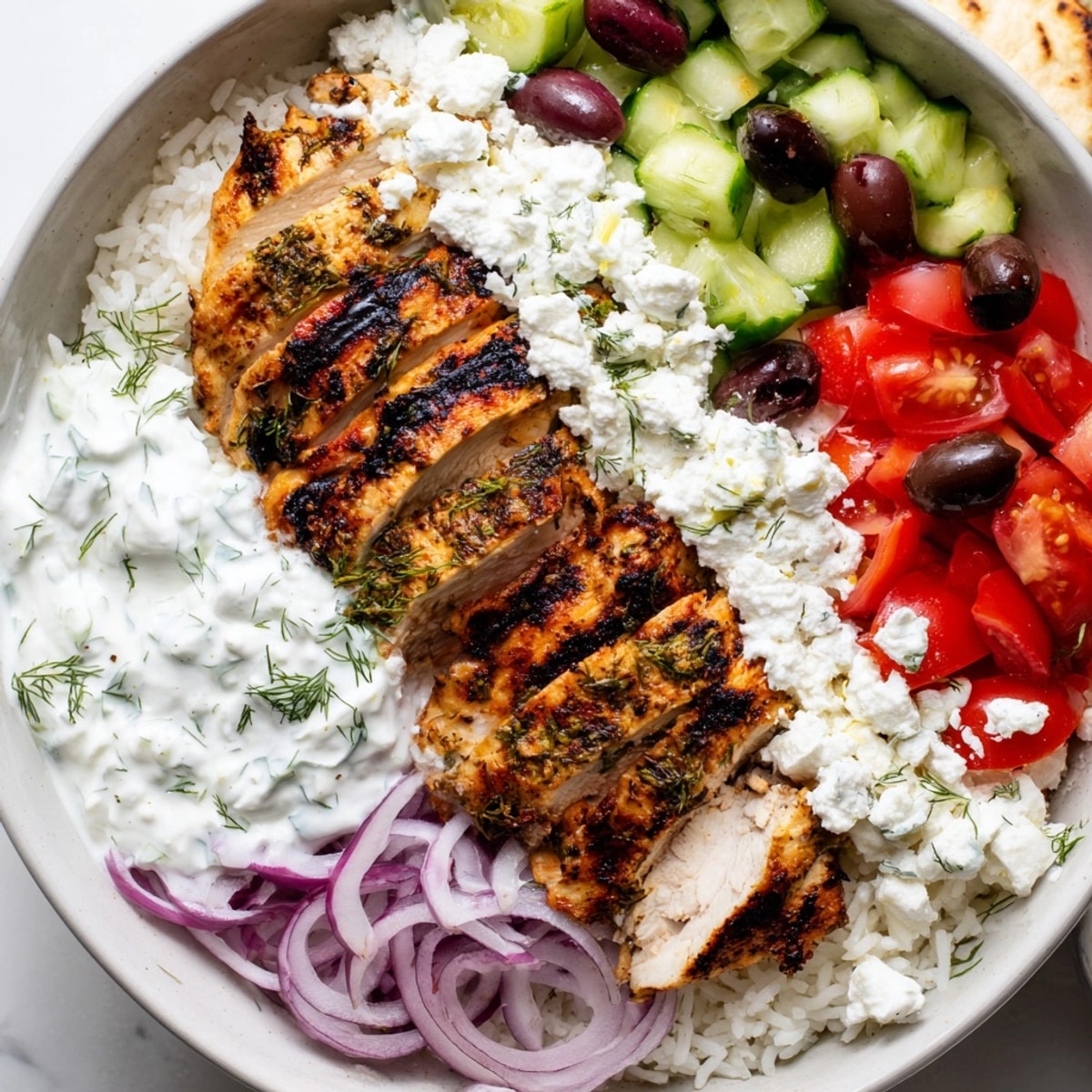 Close-up of a vibrant Mediterranean Chicken Bowl topped with creamy tzatziki sauce.