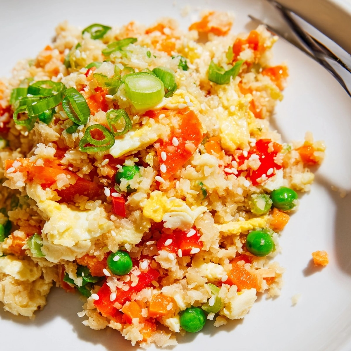 Golden Cauliflower Fried Rice studded with vibrant veggies, ready for a quick weeknight dinner.