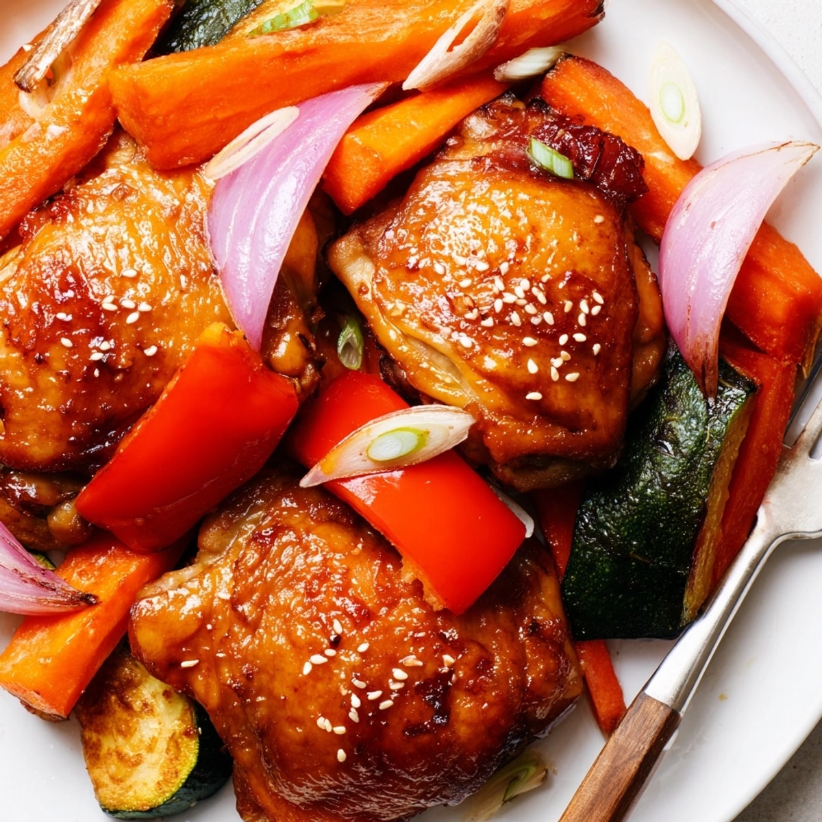 Golden Sheet Pan Miso Chicken thighs sizzling among vibrant roasted vegetables, ready to serve.