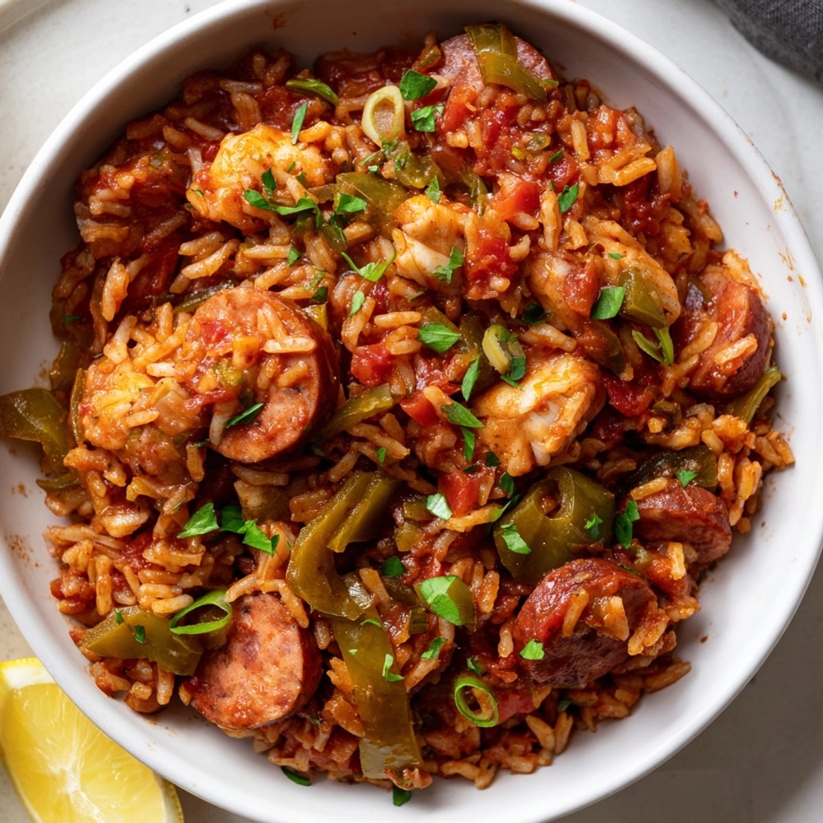 One-pot Jambalaya Rice with tender chicken and sausage, steaming and ready to serve.