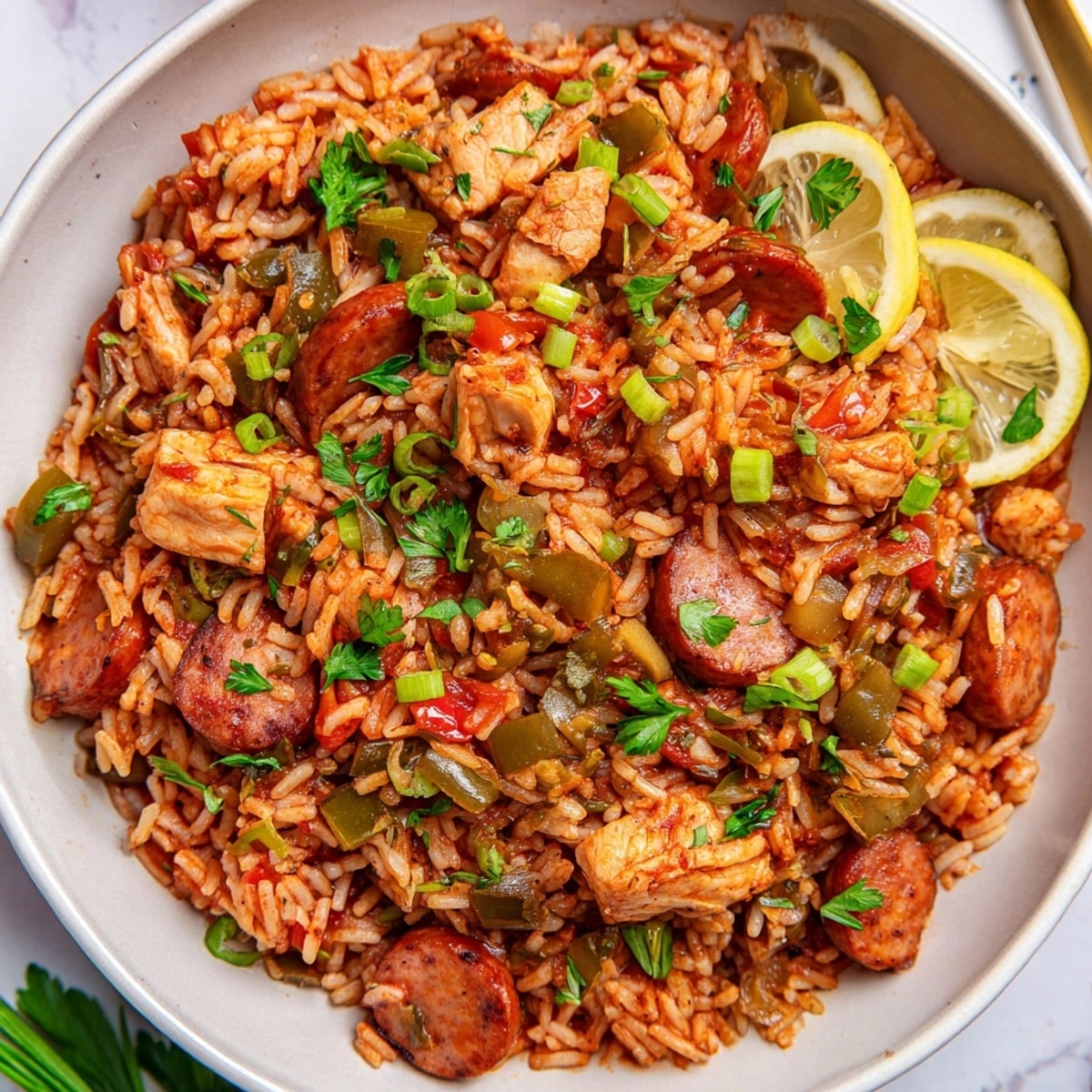 Hearty Jambalaya Rice, a flavorful one-pot meal with colorful vegetables and savory spices.
