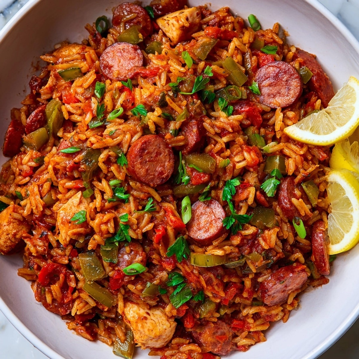 Close-up of delicious Jambalaya Rice: chicken, sausage, and rice simmered in Creole spices.