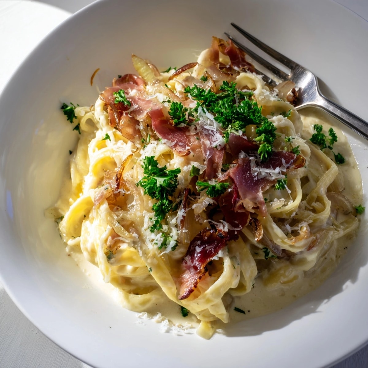 Creamy French Onion Pasta with Prosciutto: Golden caramelized onions coat tender noodles.