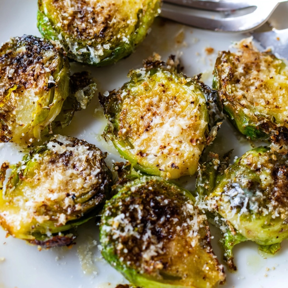 Close-up of deeply browned Smashed Brussels Sprouts Crispy, drizzled in olive oil, fresh from the oven.