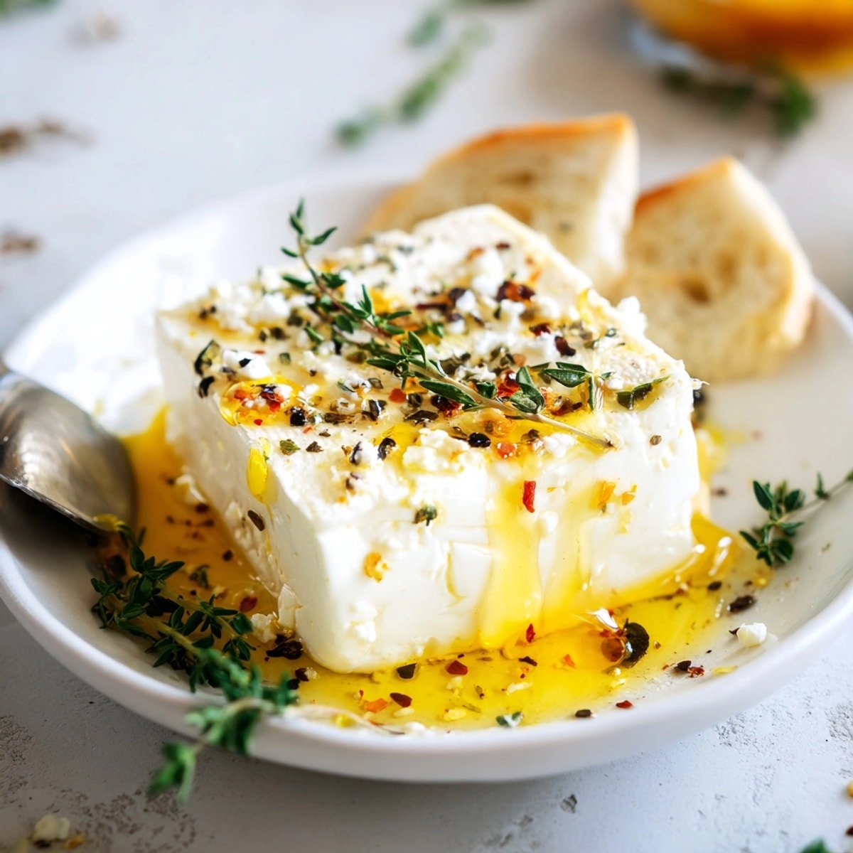 Golden baked feta with honey drizzle: Mediterranean appetizer, ready to scoop onto crusty bread.