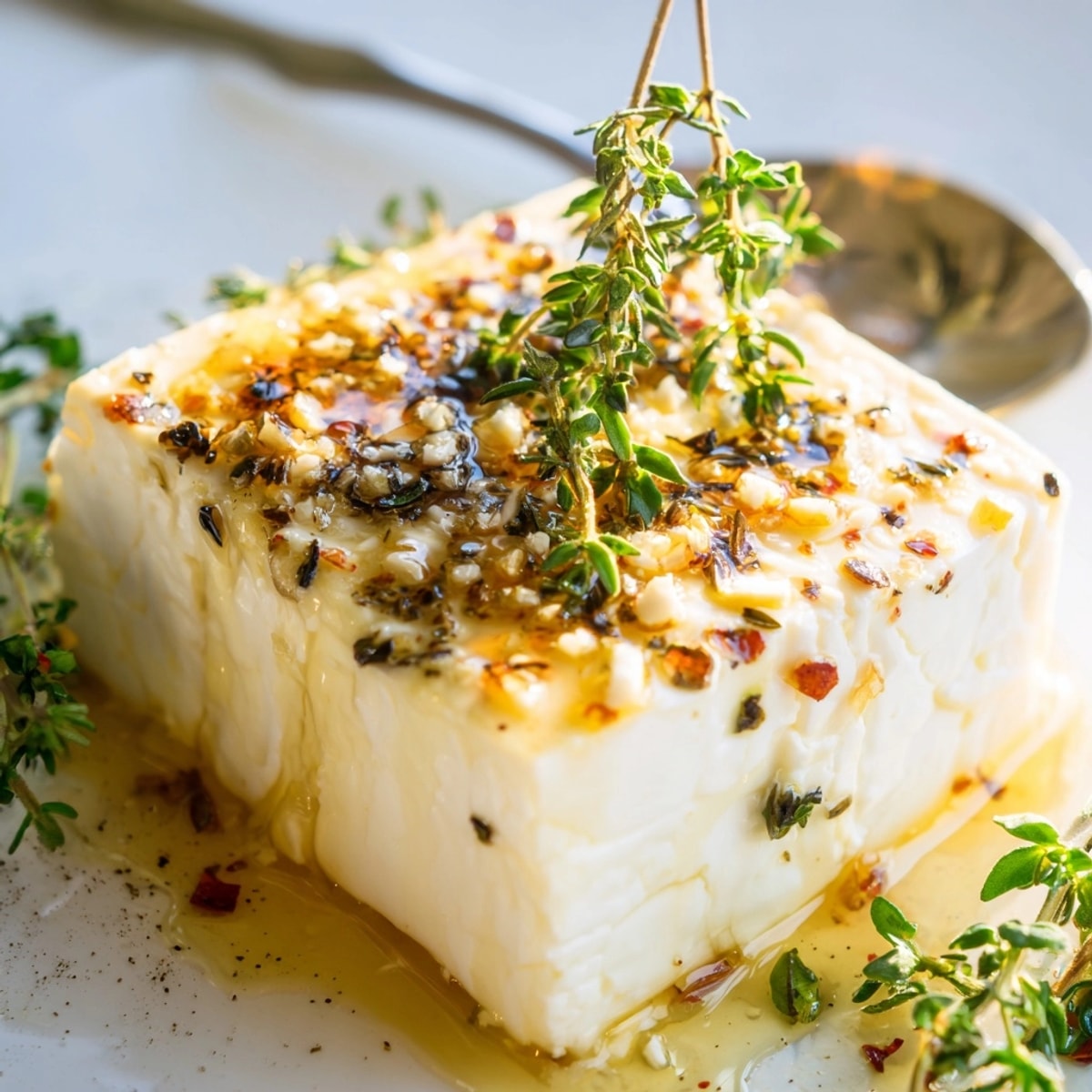 Warm, creamy baked feta with honey drizzle, garnished with herbs; a delectable vegetarian appetizer.
