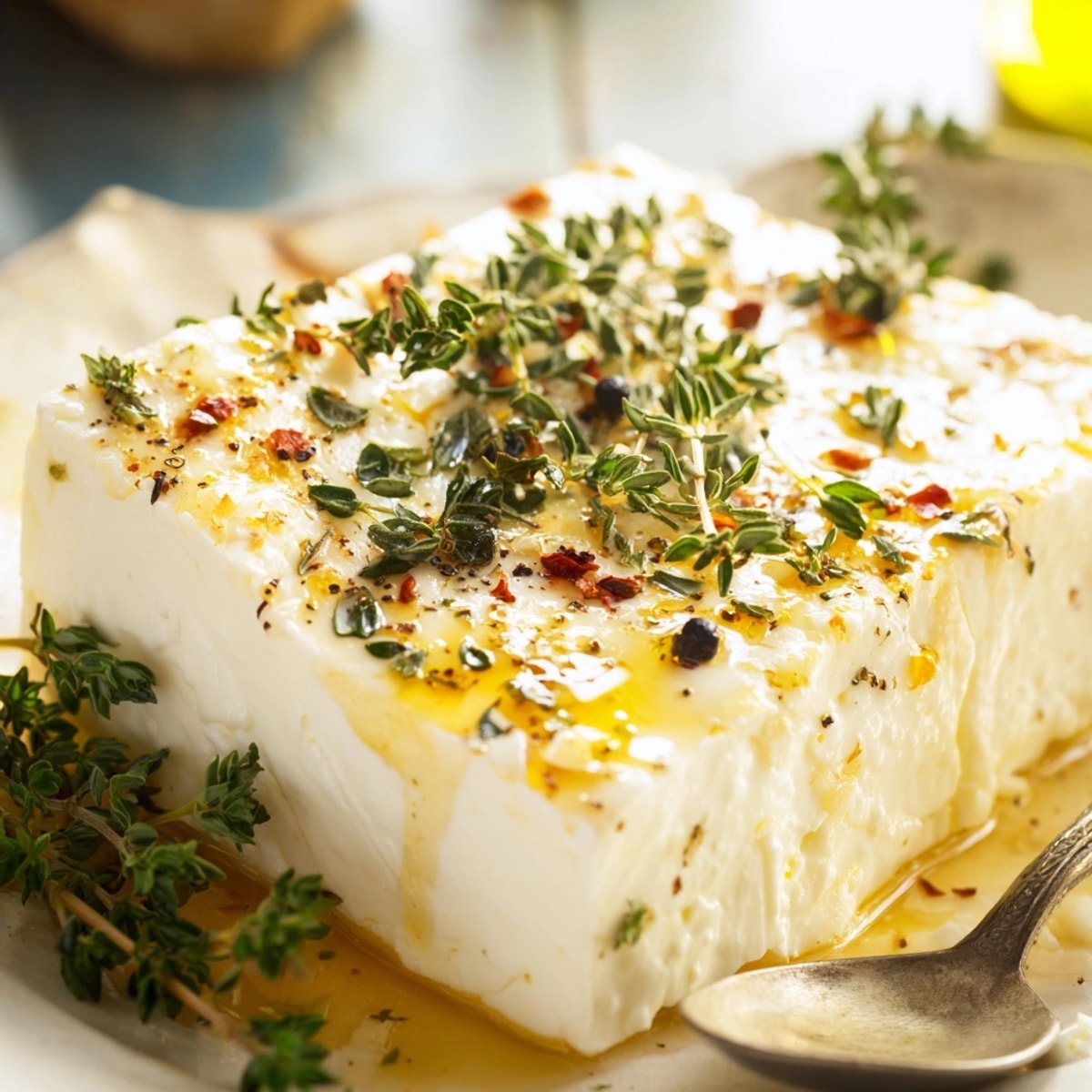Savory-sweet Baked Feta with Honey Drizzle: Imagine golden cheese with fragrant thyme and zesty lemon.