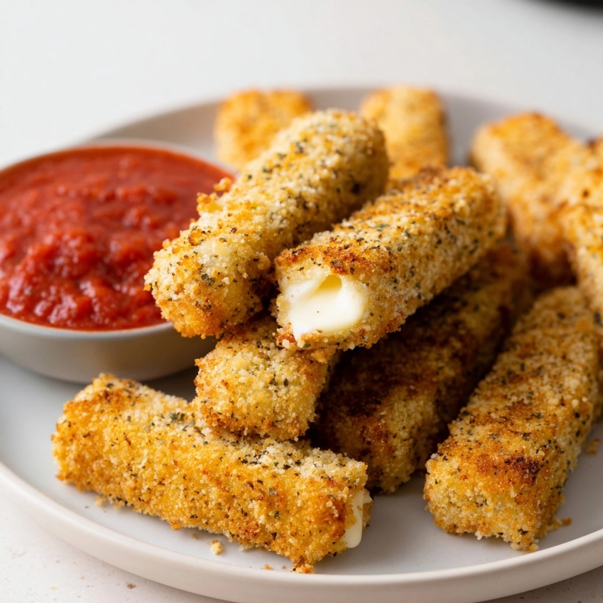 Crispy air fried mozzarella sticks with a golden-brown breaded crust, served hot with marinara.