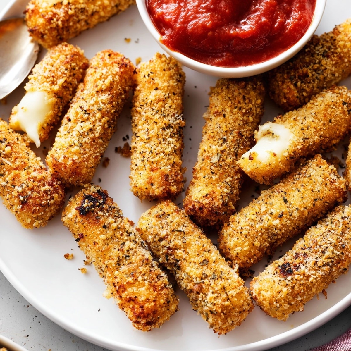 Homemade air fried mozzarella snack, showing gooey cheese pull, perfect for a party appetizer.