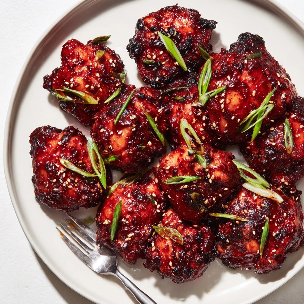 Glistening Gochujang-Glazed Chicken Thighs: savory, spicy, caramelized skin, ready to serve over rice.