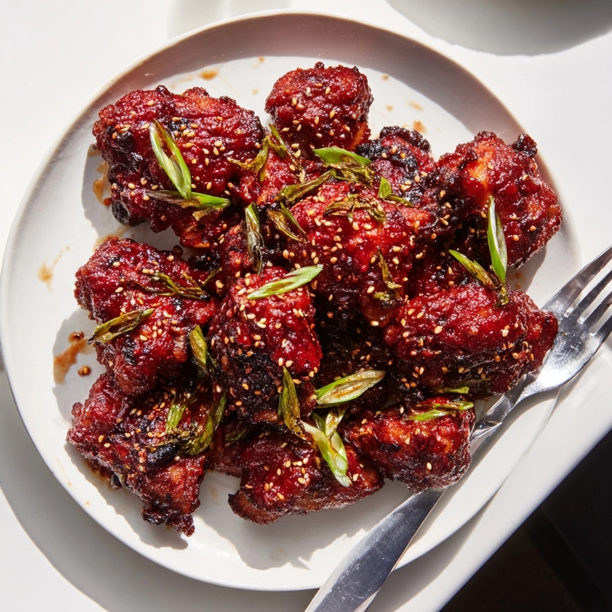 Korean Gochujang-Glazed Chicken Thighs recipe: close-up shot showing vibrant red glaze and sesame seeds.