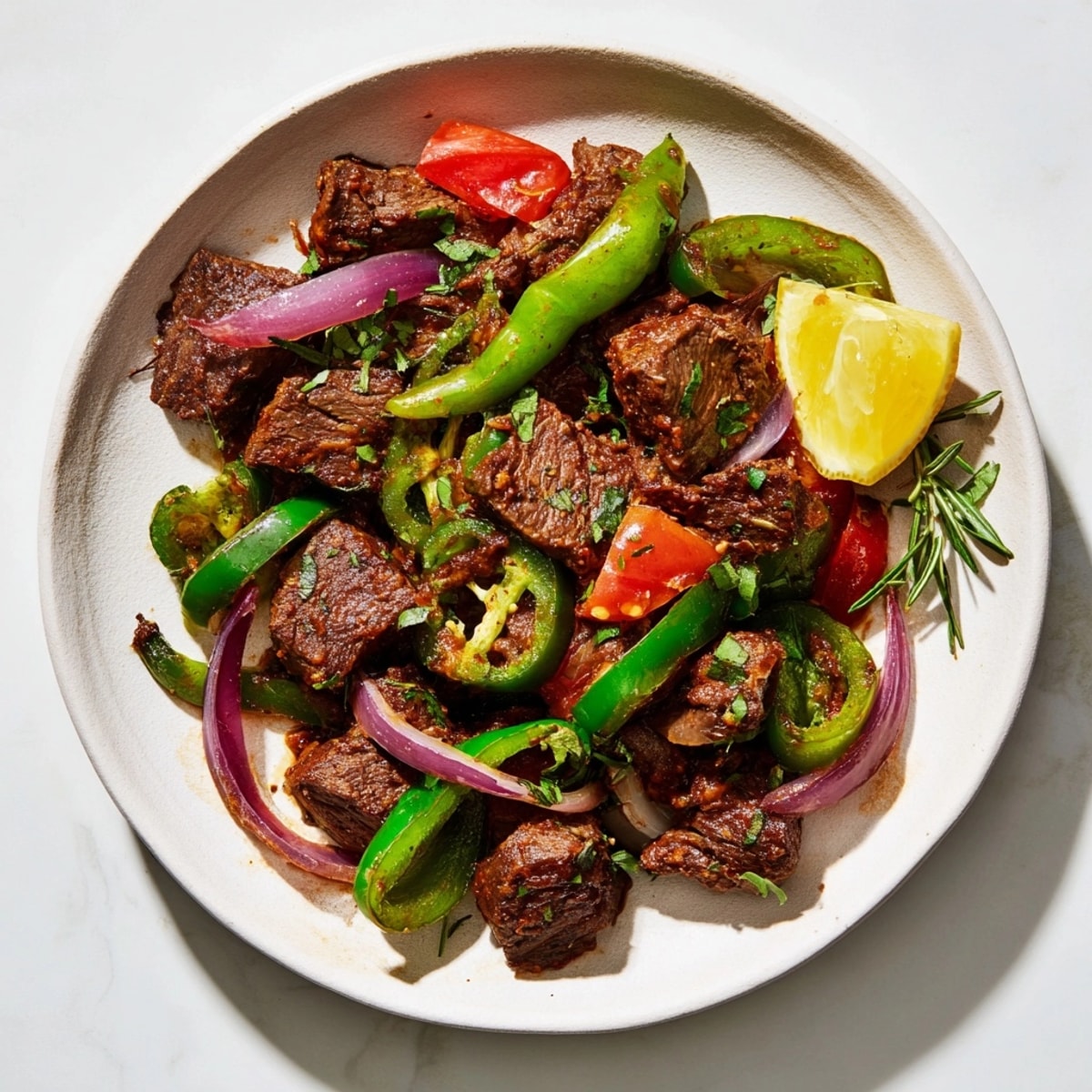 Close-up of sizzling Ethiopian Siga Tibs, showcasing browned beef and colorful vegetables in a skillet.