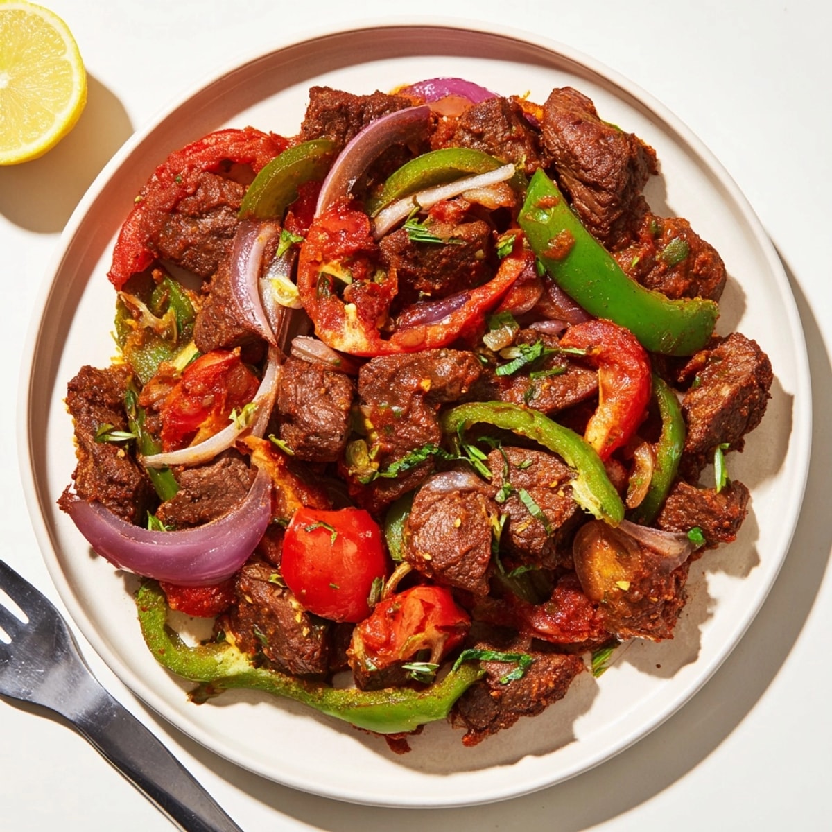 Spicy Ethiopian Siga Tibs served with injera, ready to enjoy as a flavorful meal.