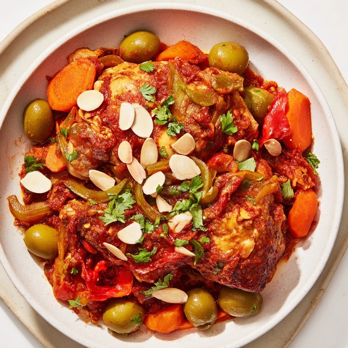 A steaming bowl of Moroccan Chicken Tagine with Harissa, served over fluffy couscous.