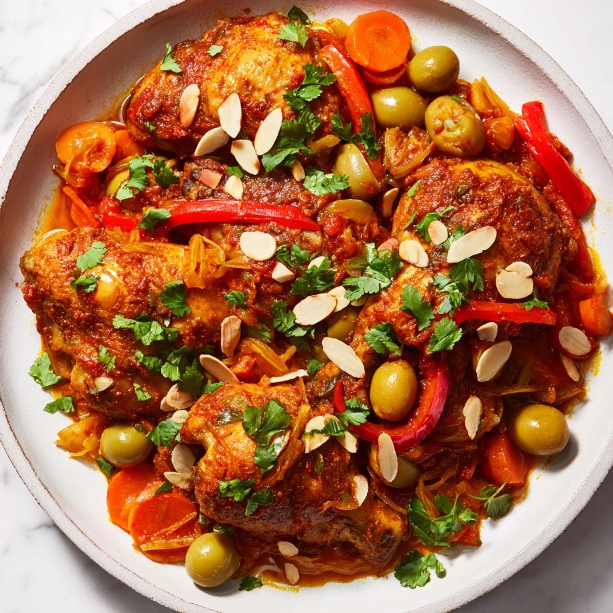 Close-up of flavorful Moroccan Chicken Tagine with Harissa, garnished beautifully with cilantro and toasted almonds.