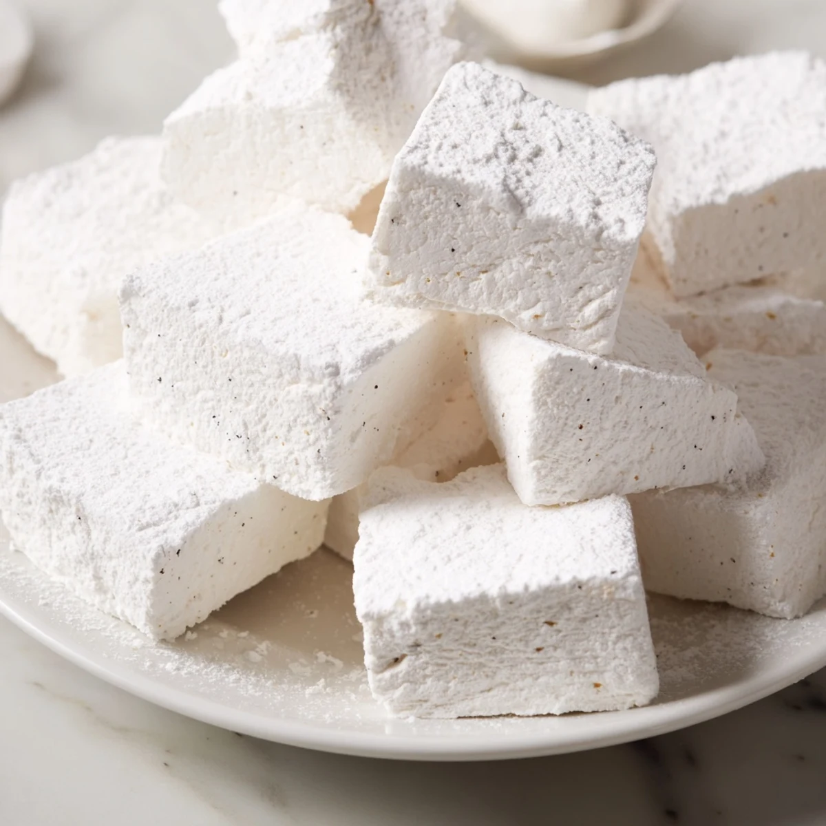 Pillowy, white Fluffy Vanilla Bean Marshmallows dusted with powdered sugar, ready for serving.