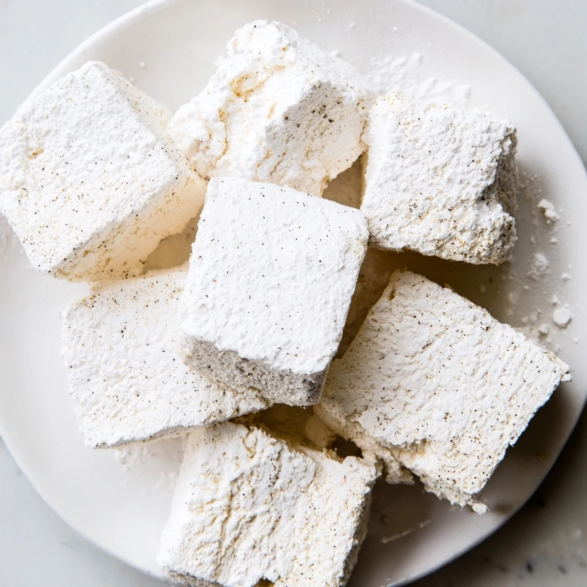 Close-up of freshly cut Fluffy Vanilla Bean Marshmallows; you can almost smell the vanilla.