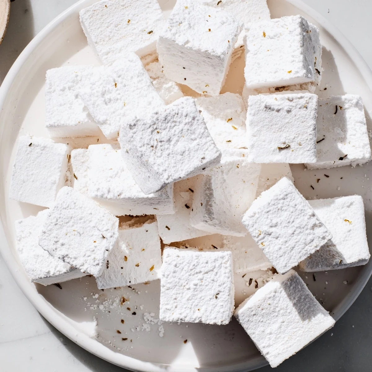 Homemade Fluffy Vanilla Bean Marshmallows, a sweet American dessert ready to enjoy.