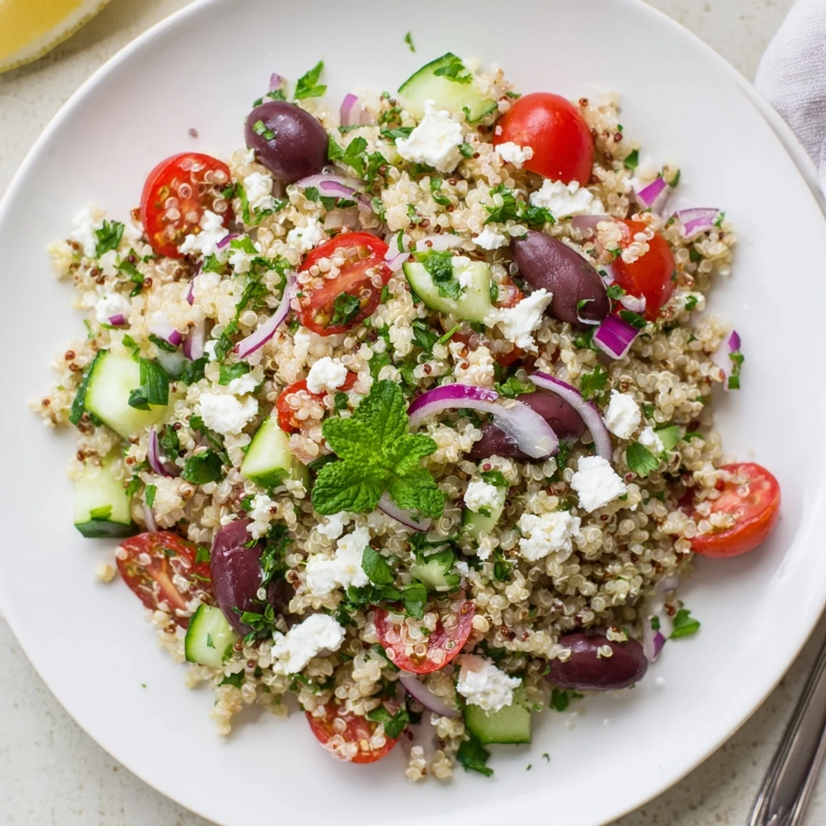 A colorful Mediterranean quinoa salad with feta cheese ready to eat; fresh and flavorful.