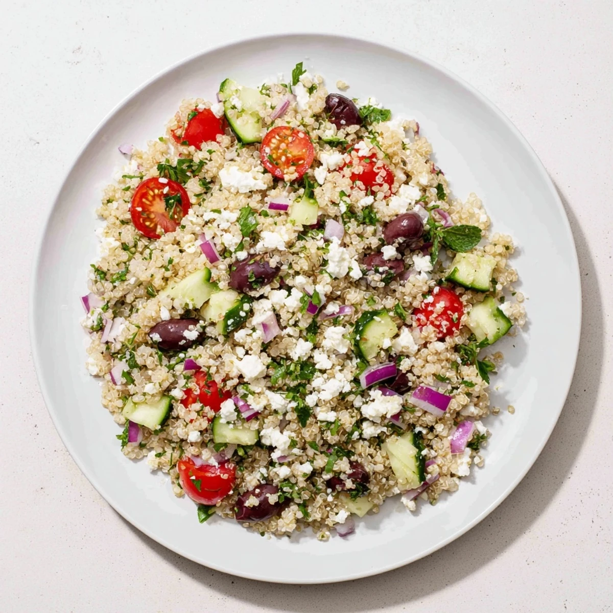 Close-up of a bowl of Mediterranean quinoa salad with feta, showcasing vibrant vegetables.