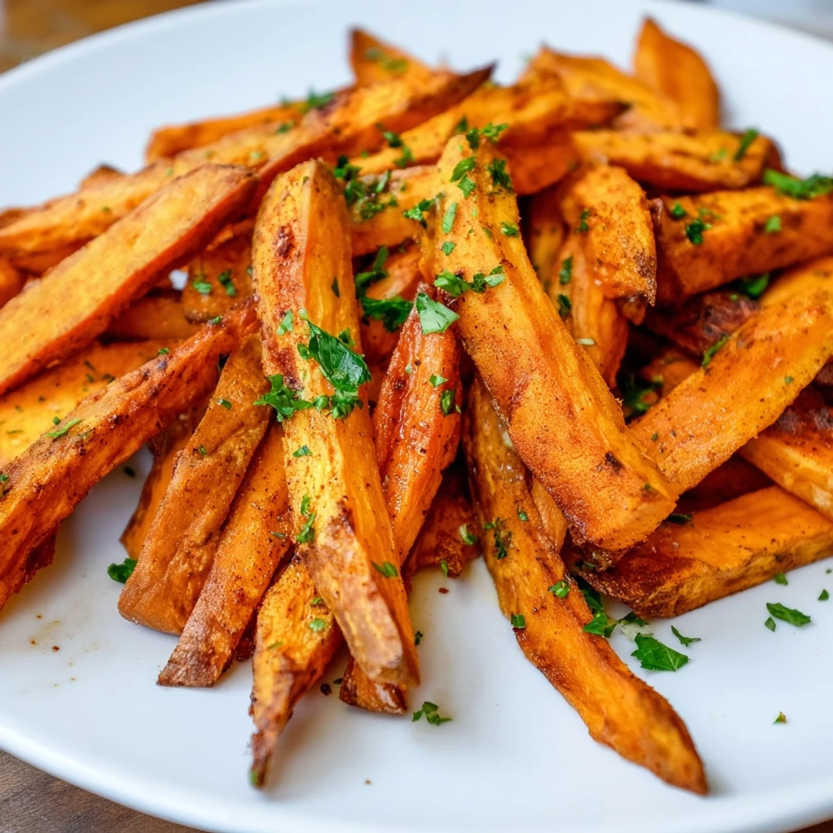 Golden brown baked sweet potato fries, seasoned with paprika, ready for dipping on a plate.