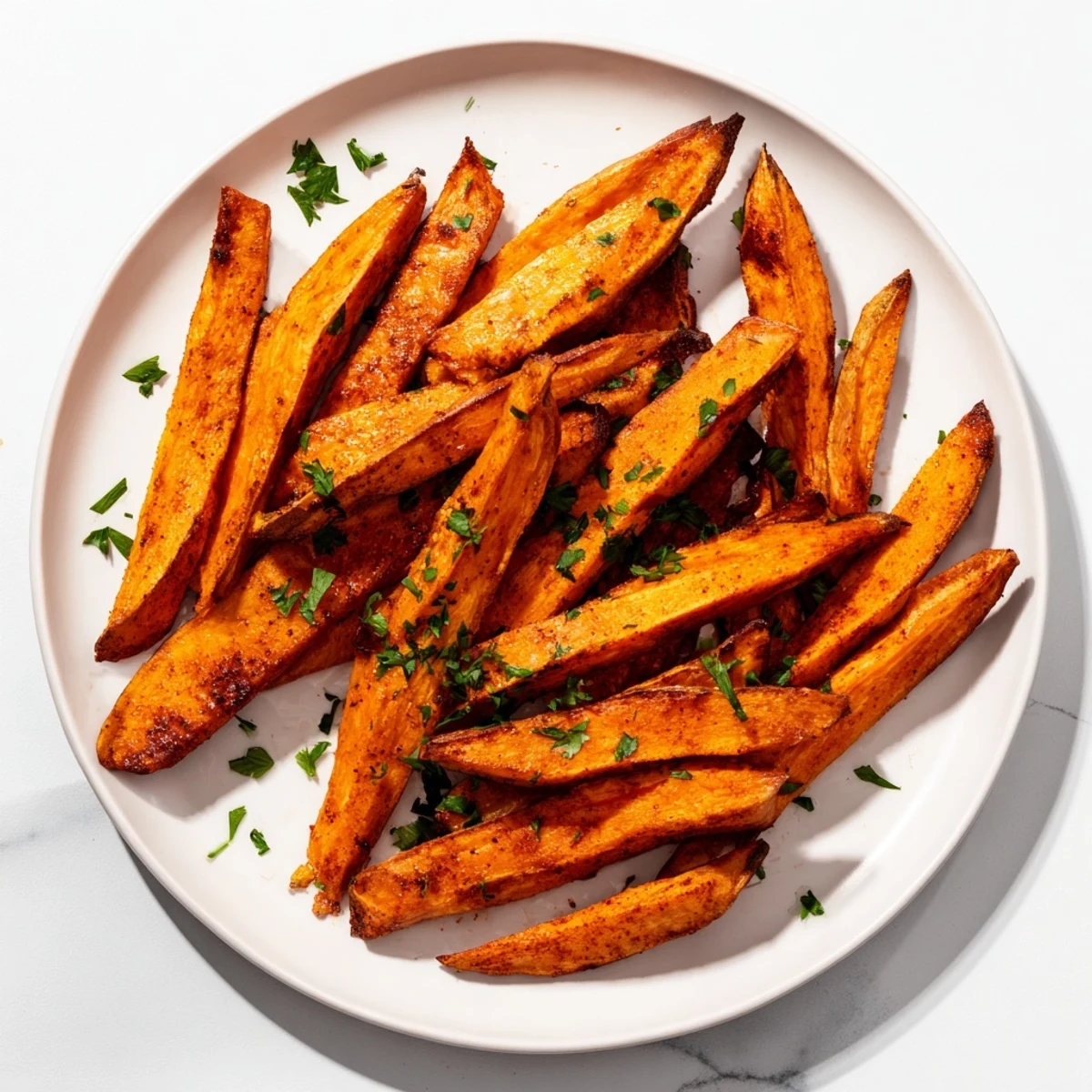 Smoky paprika coats these crispy baked sweet potato fries, a delicious and healthy side dish.