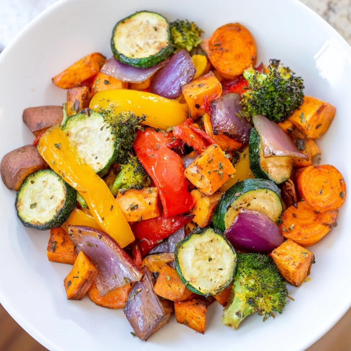 Golden-brown roasted veggies, a colorful mix ready to serve with a simple side of herbs.