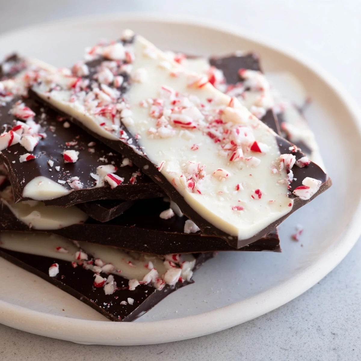 Glistening layers of peppermint bark, a perfect holiday dessert, sprinkled with crushed peppermint.