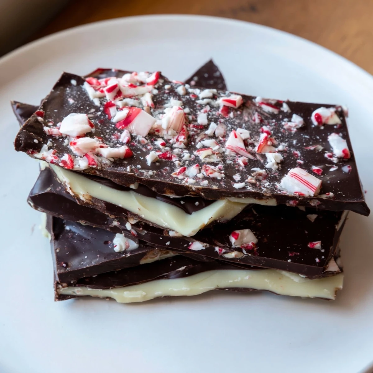 Homemade peppermint bark, boasting rich dark chocolate topped with creamy white chocolate and candy canes.