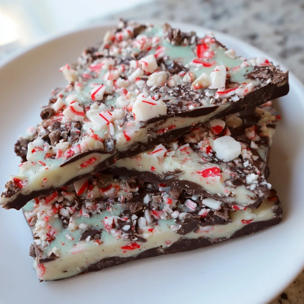 Freshly made peppermint bark, broken into pieces, showcasing rich chocolate and crunchy peppermint flavor.