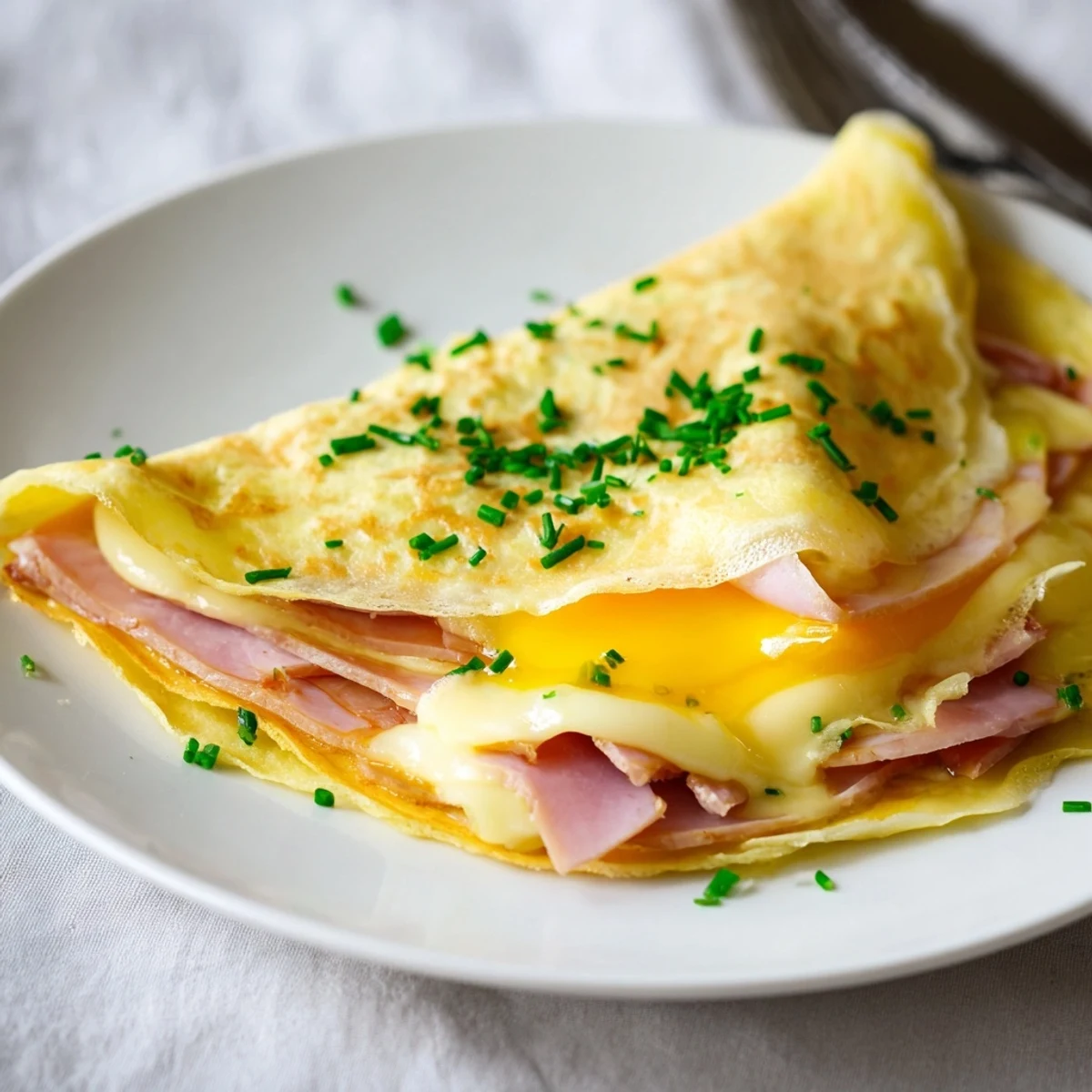 Golden-brown savory crepe filled with melted cheese, ham, and a perfectly cooked egg.