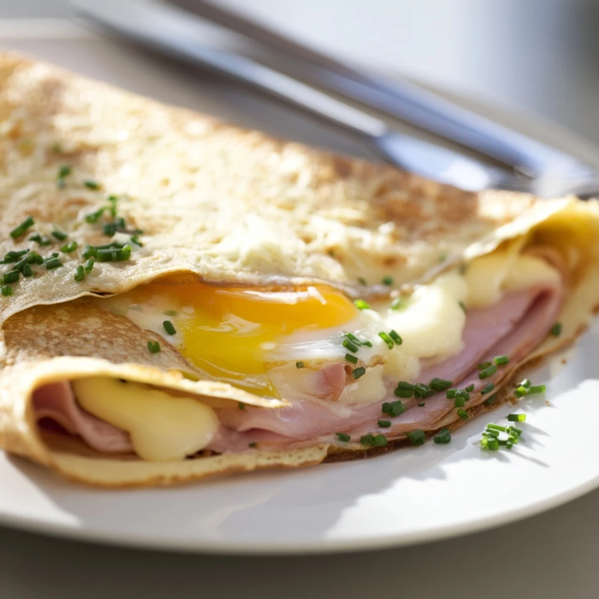 A warm, delicious savory crepe presented on a plate, ready for brunch or dinner.