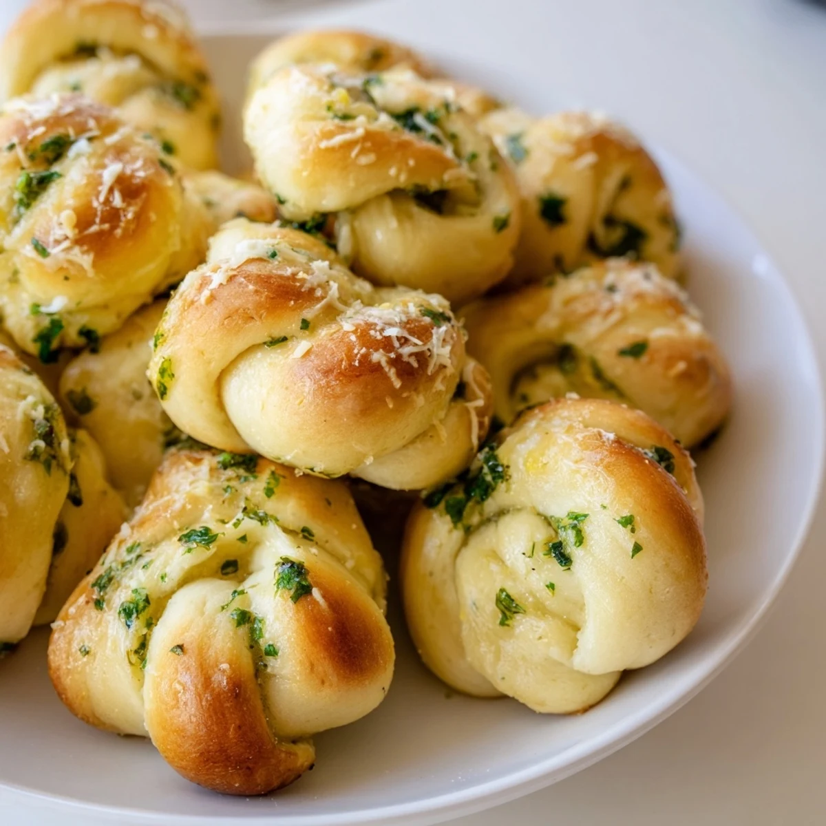 Golden-brown garlic knots, generously brushed with garlic butter, ready to serve warm.