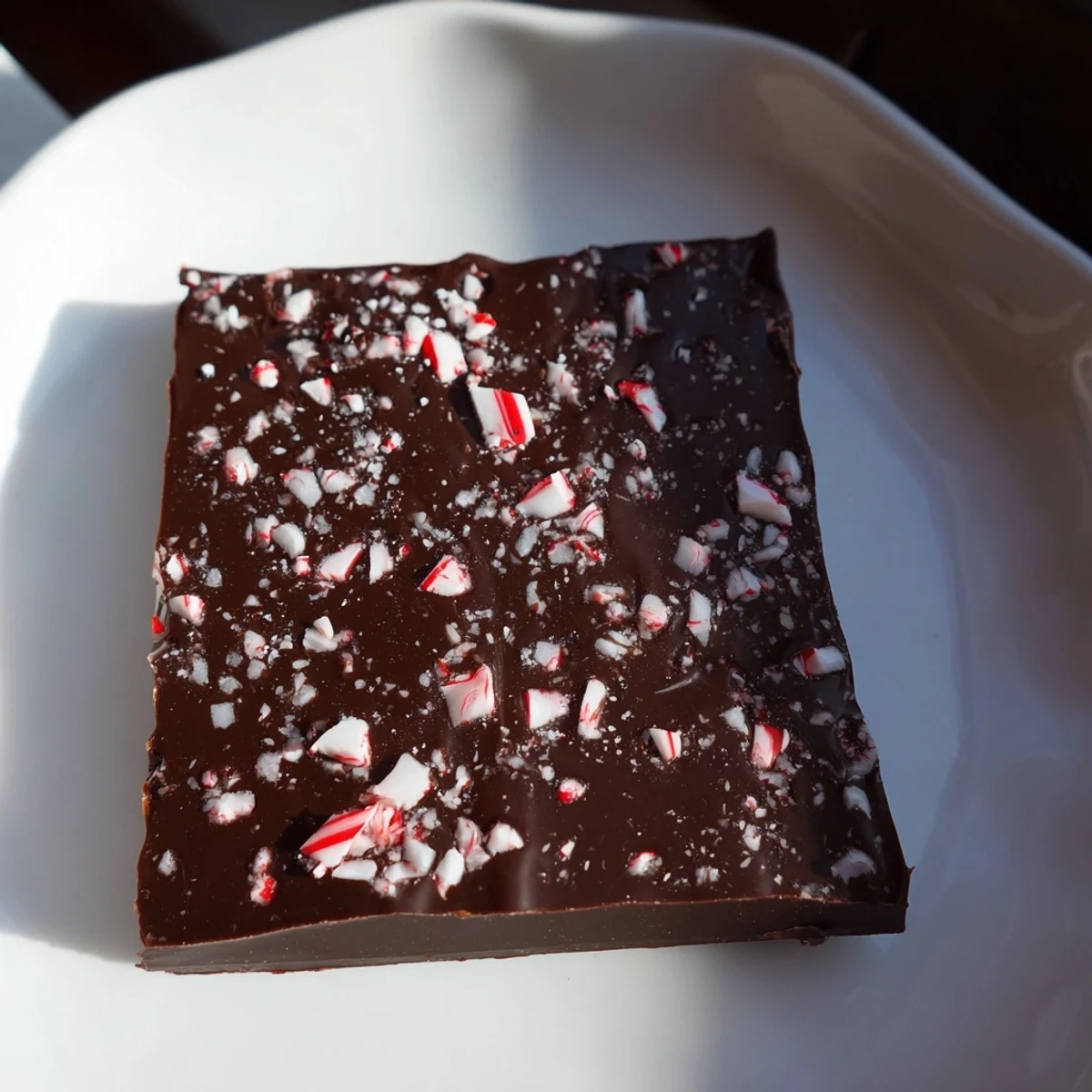 Rich, decadent Dark Chocolate Peppermint Bark, showcasing layers of dark chocolate sprinkled with peppermint pieces.